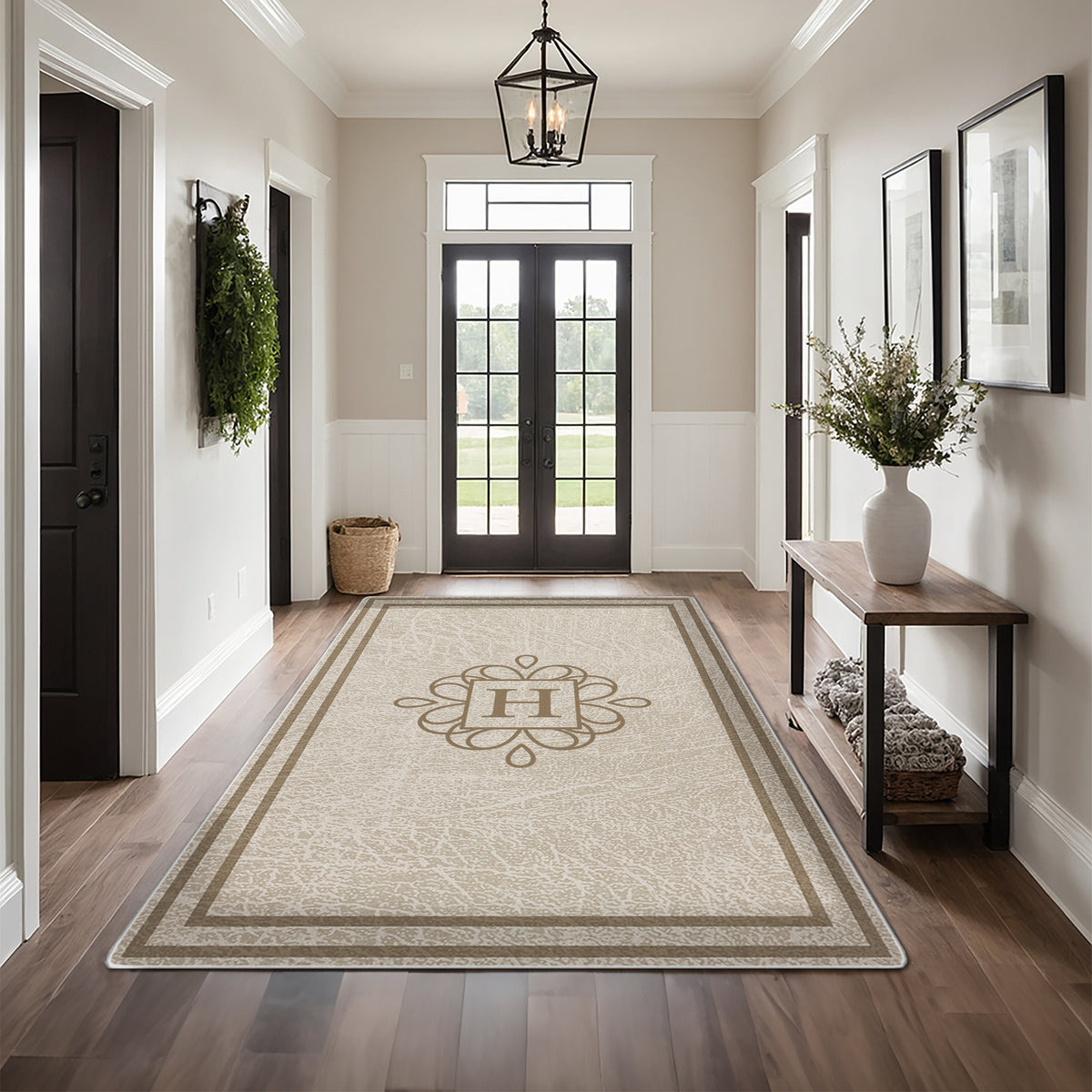 Washable entryway rug with personalized text - Heritage Taupe Rug