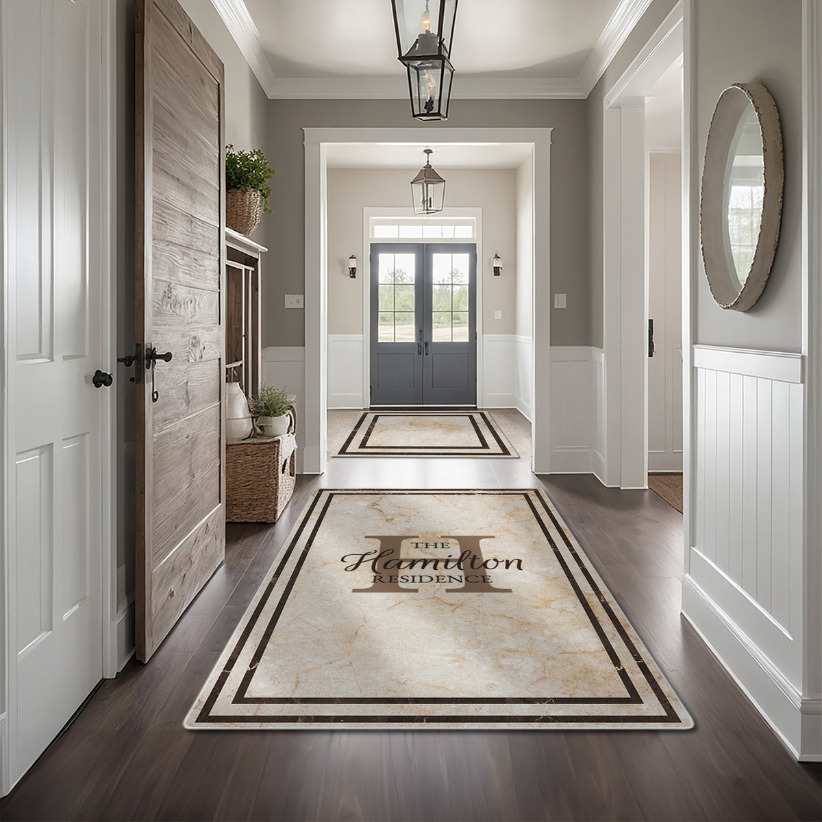 Washable entryway rug with personalized text - Heritage Marble Rug