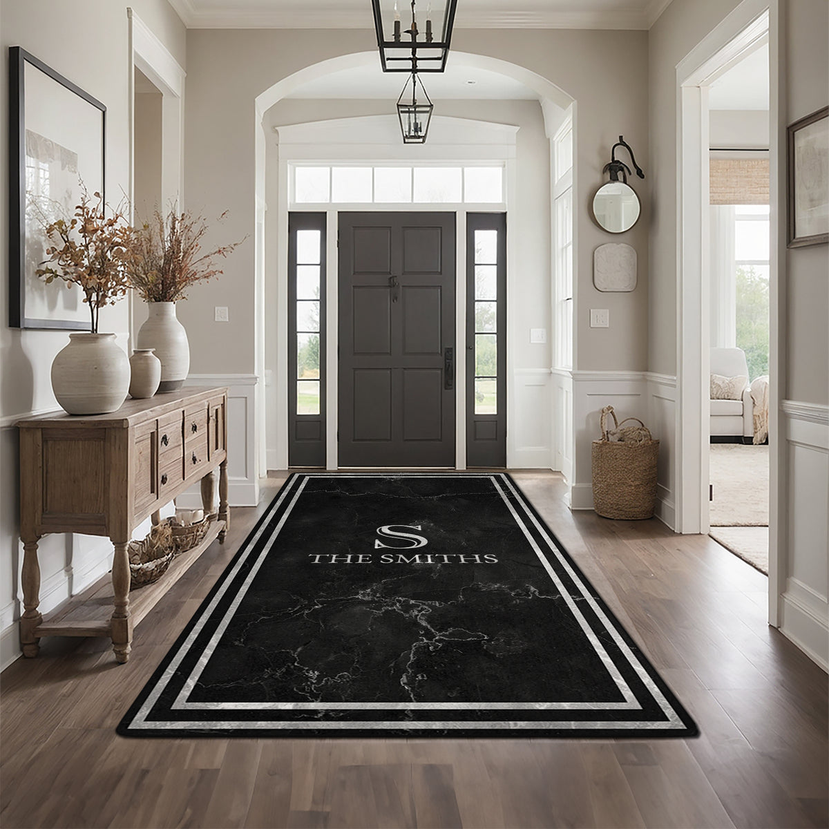 Washable entryway rug with personalized text - Midnight Marble Rug
