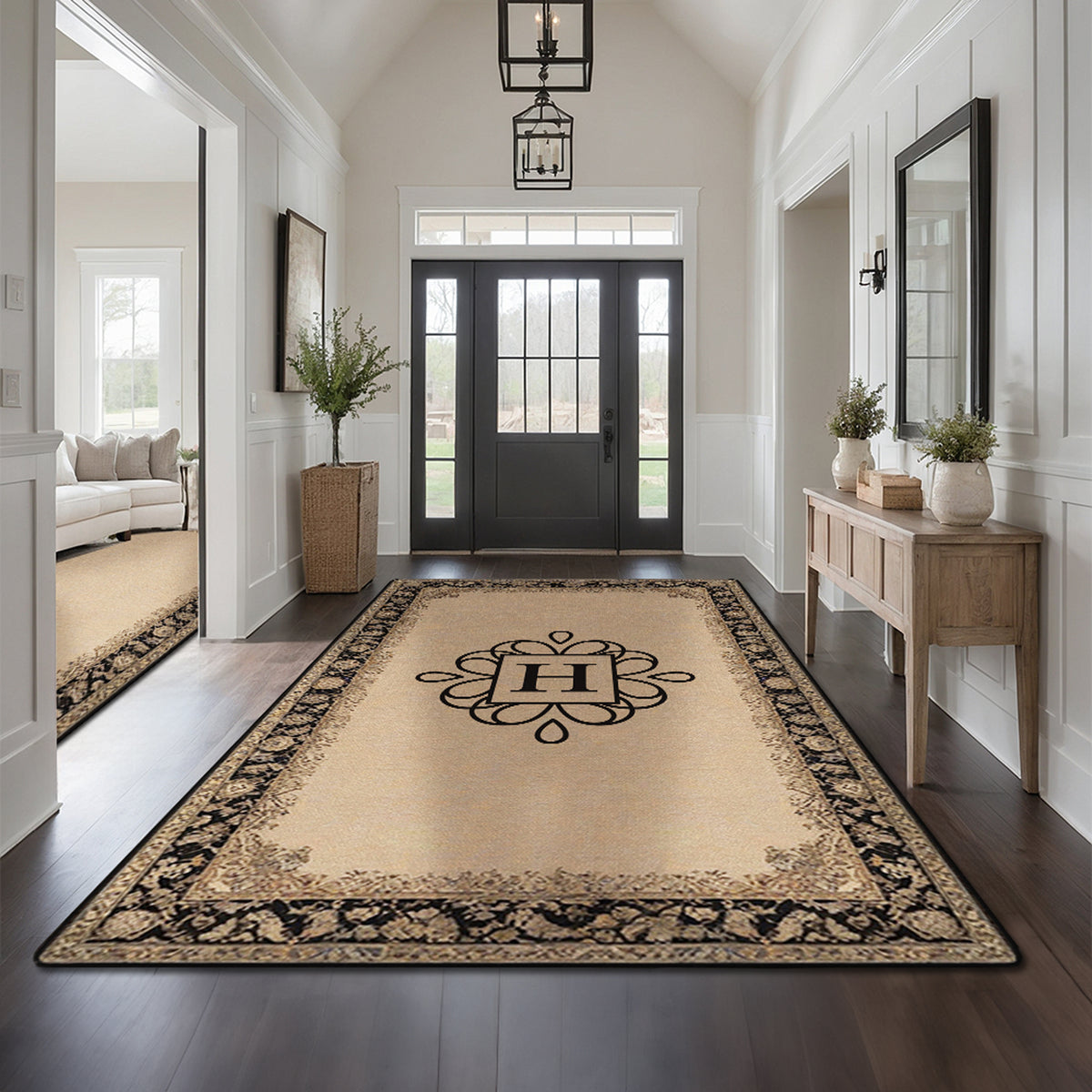 Personalized welcome rug styled in a modern entryway – Heritage Sand Rug