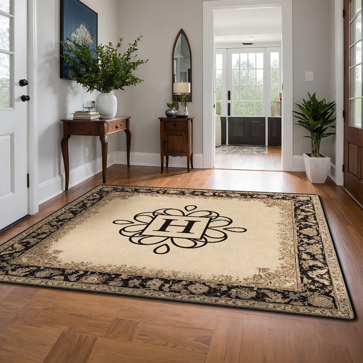Personalized family name entryway rug in an inviting home entrance – Heritage Sand Rug