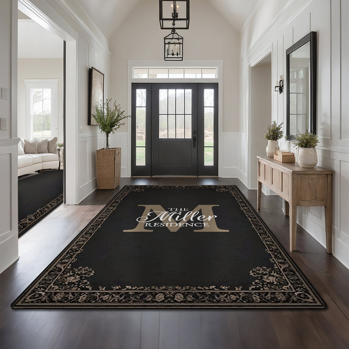 Personalized foyer rug with family name - Noir Heritage Rug