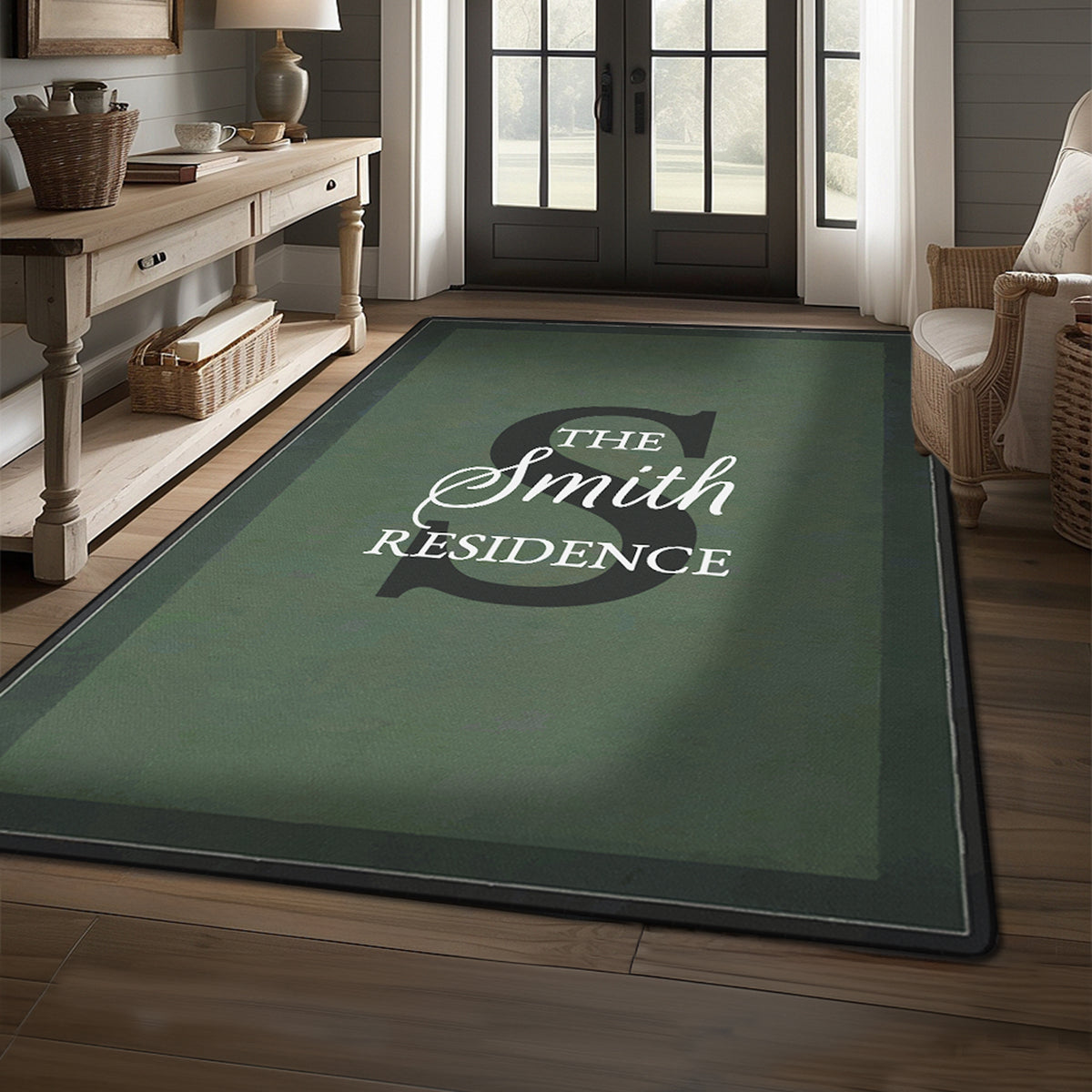 Washable entryway rug with personalized text - Forest Green Rug