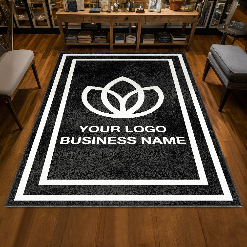 Bordered logo floor rug for commercial space