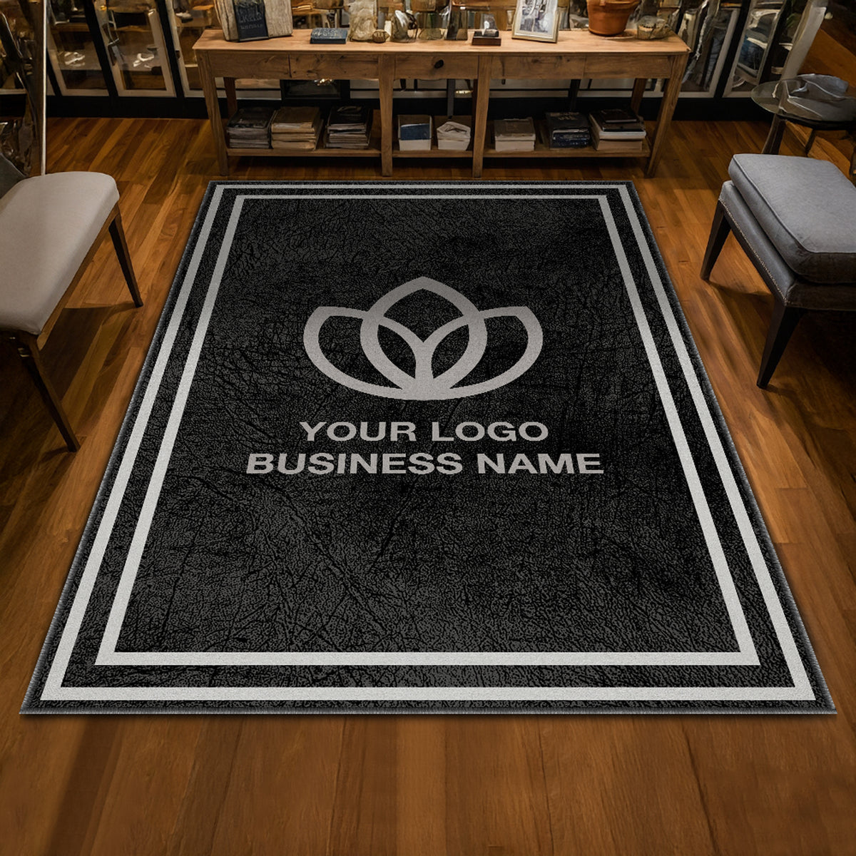 Custom business logo rug with bordered design