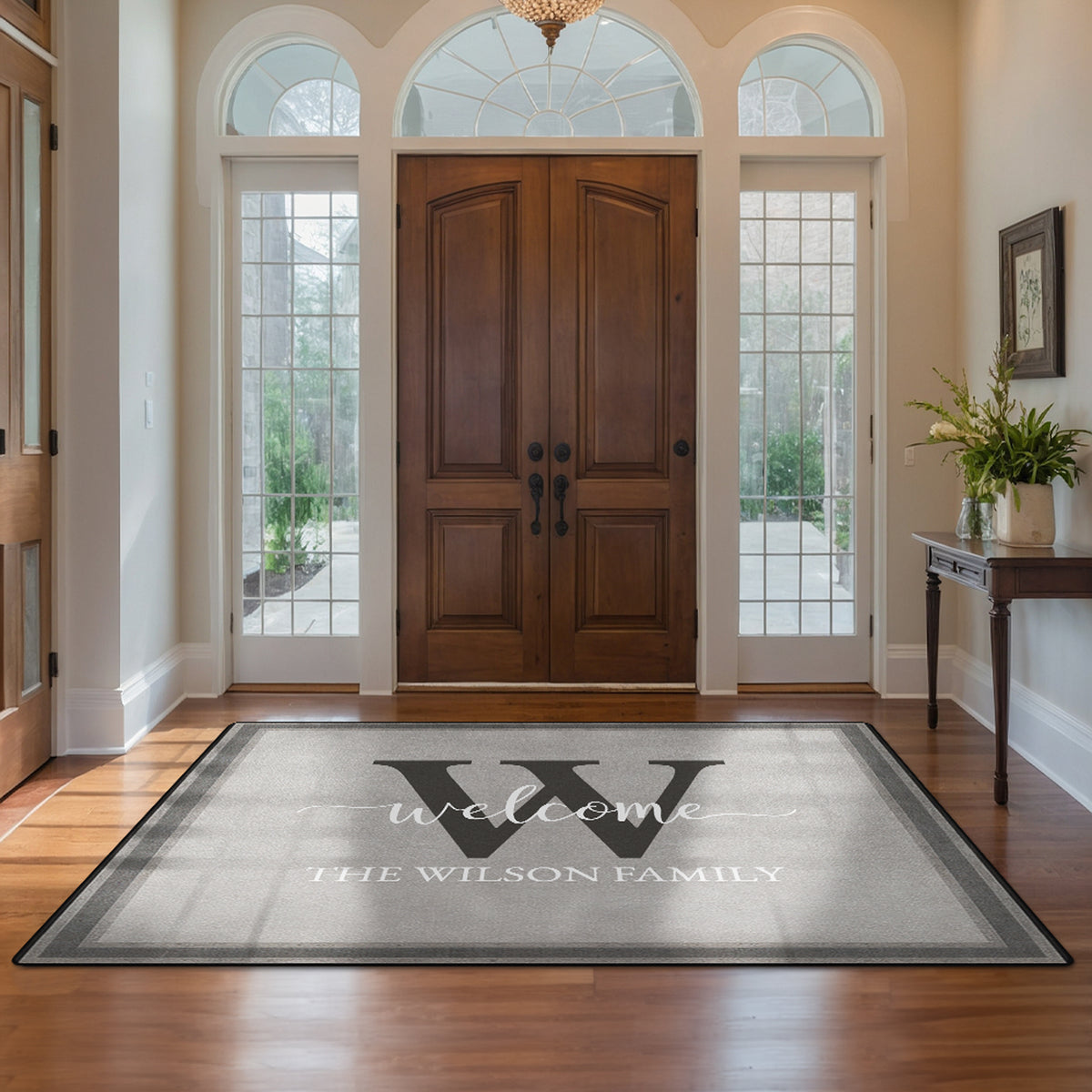 Washable entryway rug with personalized text - Smoky Border Rug