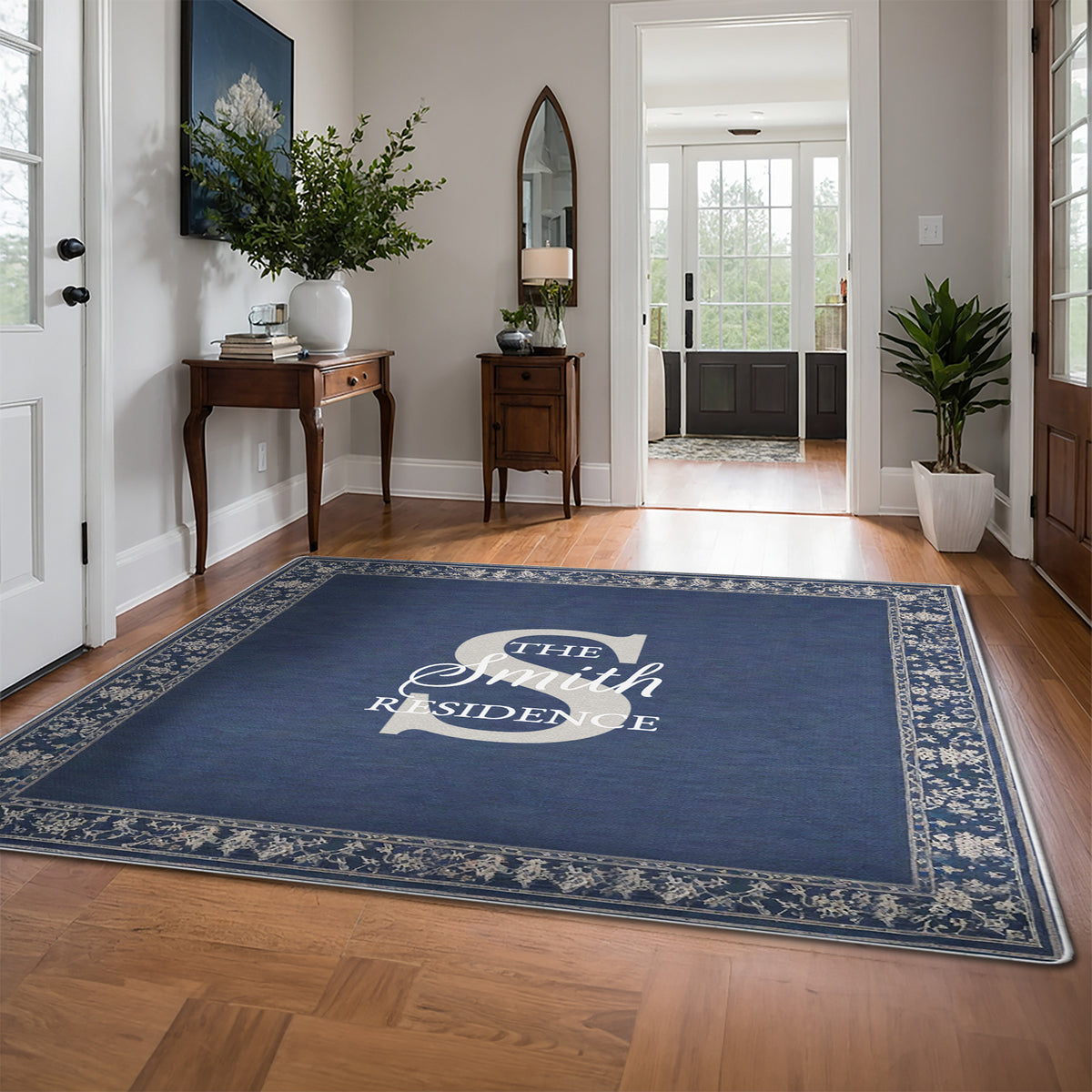 Custom family name rug - Navy Floral Rug