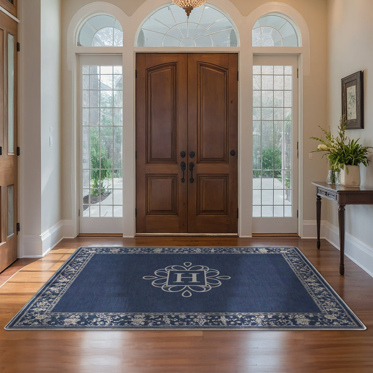 Personalized foyer rug with family name - Navy Floral Rug