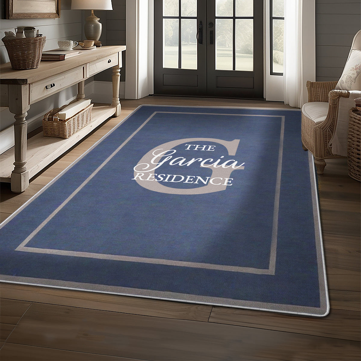Washable entryway rug with personalized text - Antique Navy Rug