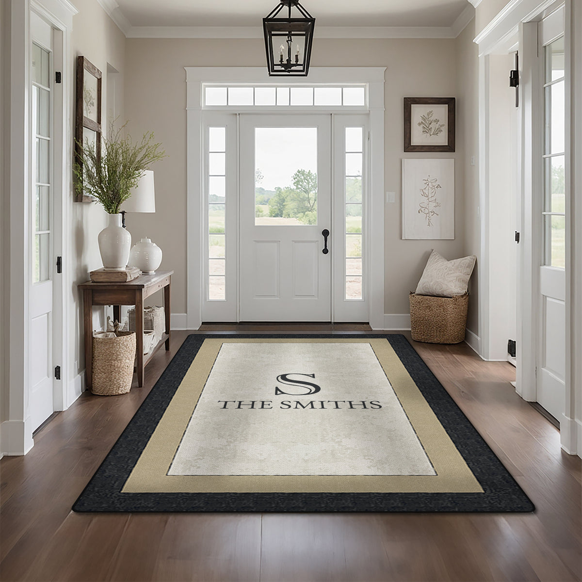 Personalized foyer rug with family name - Ivory Charcoal Rug