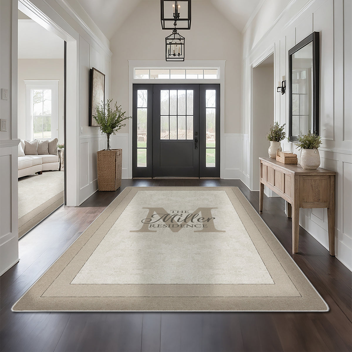 Personalized foyer rug with family name - Ivory Taupe Rug