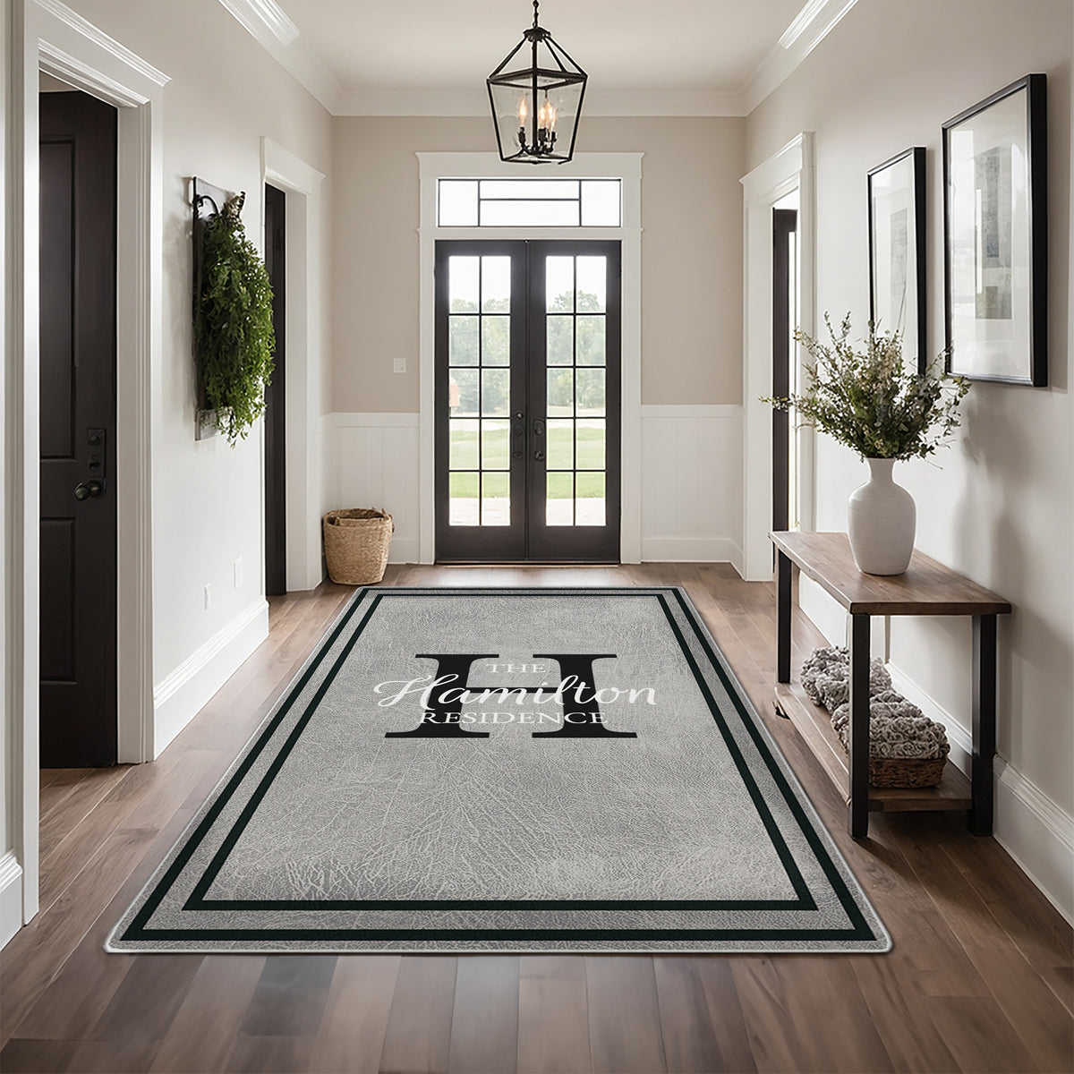 Personalized foyer rug with family name - Graphite Stone Rug
