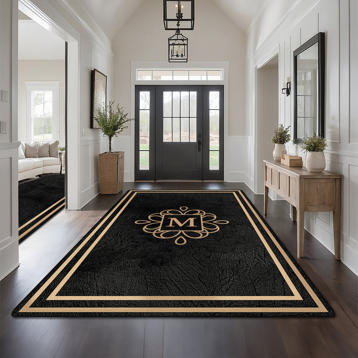 Washable entryway rug with personalized text - Midnight Gold Rug
