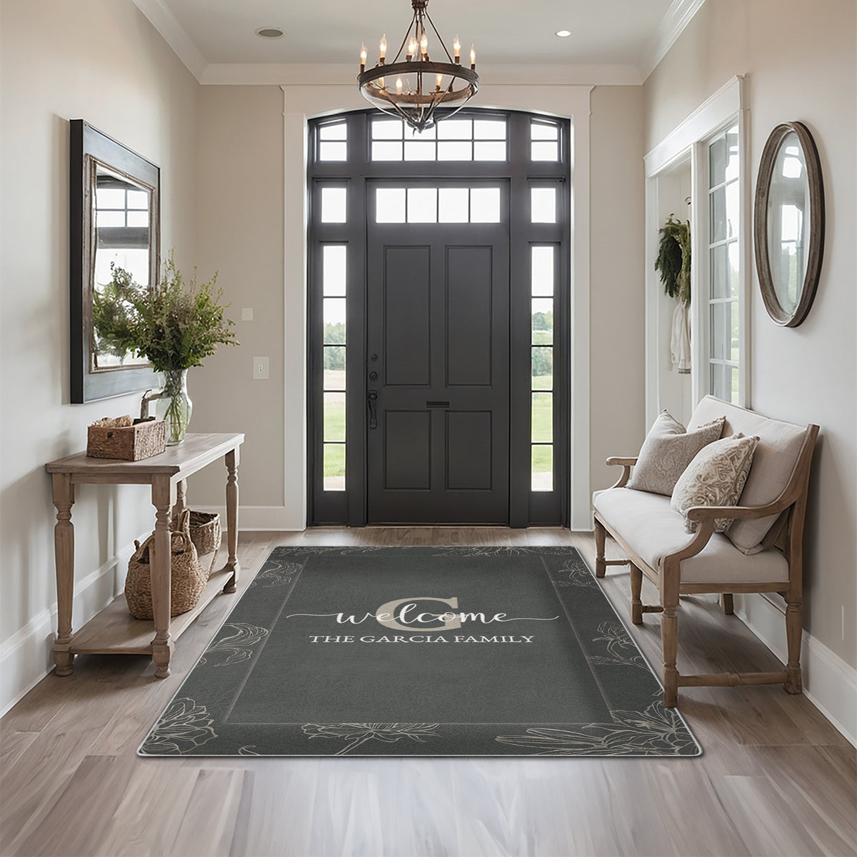 Washable entryway rug with personalized text - Sterling Floral Rug