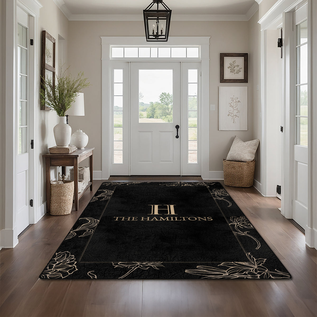 Non-slip personalized rug for front door - Midnight Floral Rug