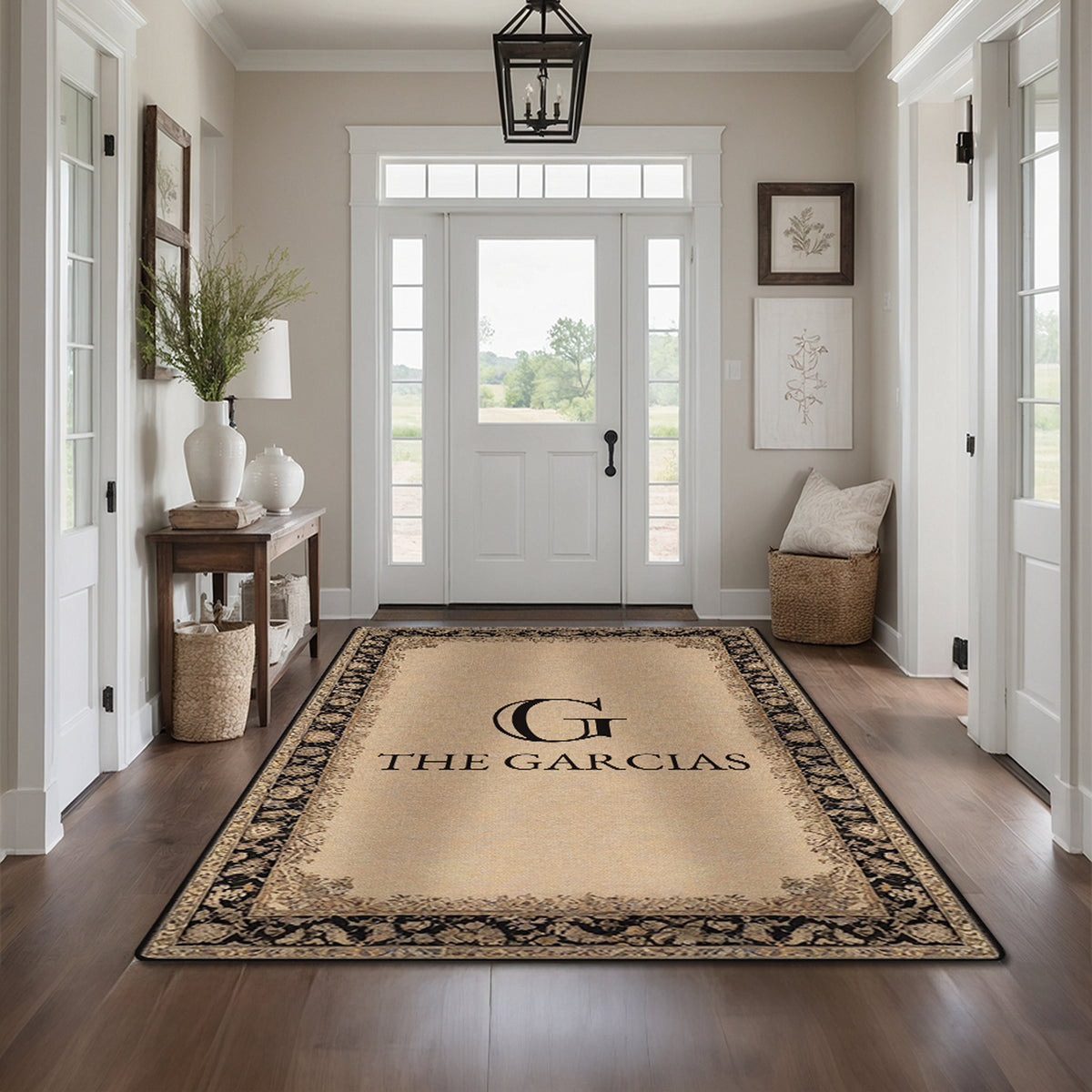 Custom monogram entryway rug on warm wood flooring – Heritage Sand Rug