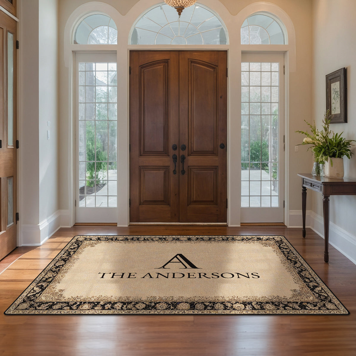 Low-pile personalized entryway rug in a bright foyer – Heritage Sand Rug