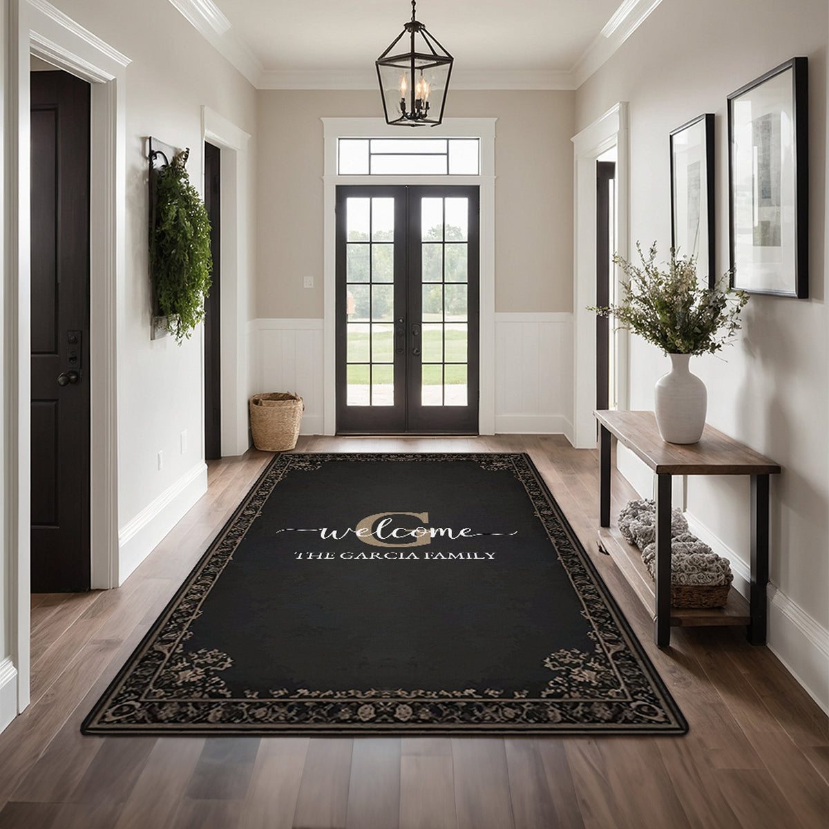 Washable entryway rug with personalized text - Noir Heritage Rug