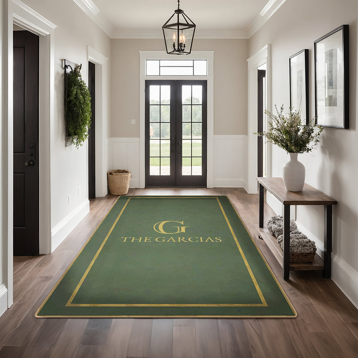 Washable entryway rug with personalized text - Emerald Gold Rug