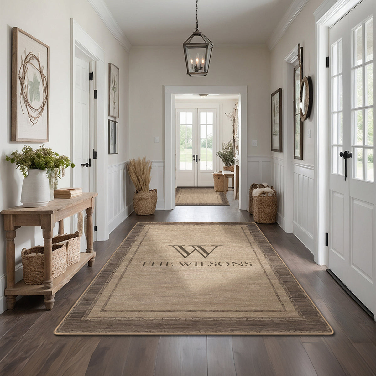 Washable entryway rug with personalized text - Rustic Walnut Rug