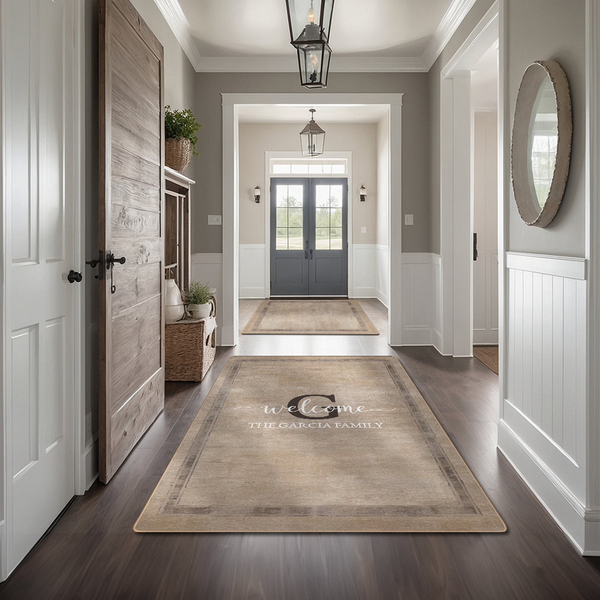 Washable entryway rug with personalized text - Ash Taupe Rug