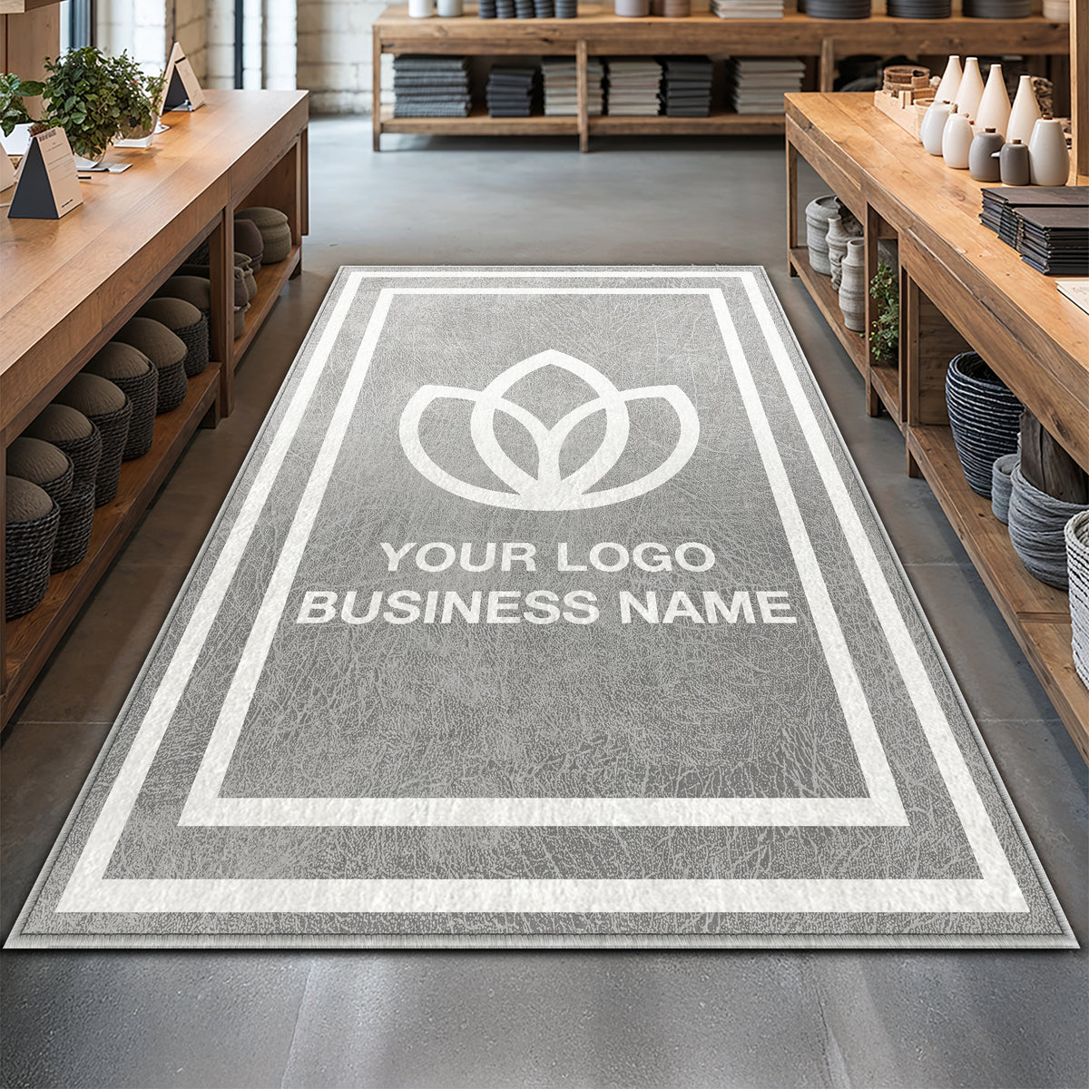 Personalized business floor rug with bordered design