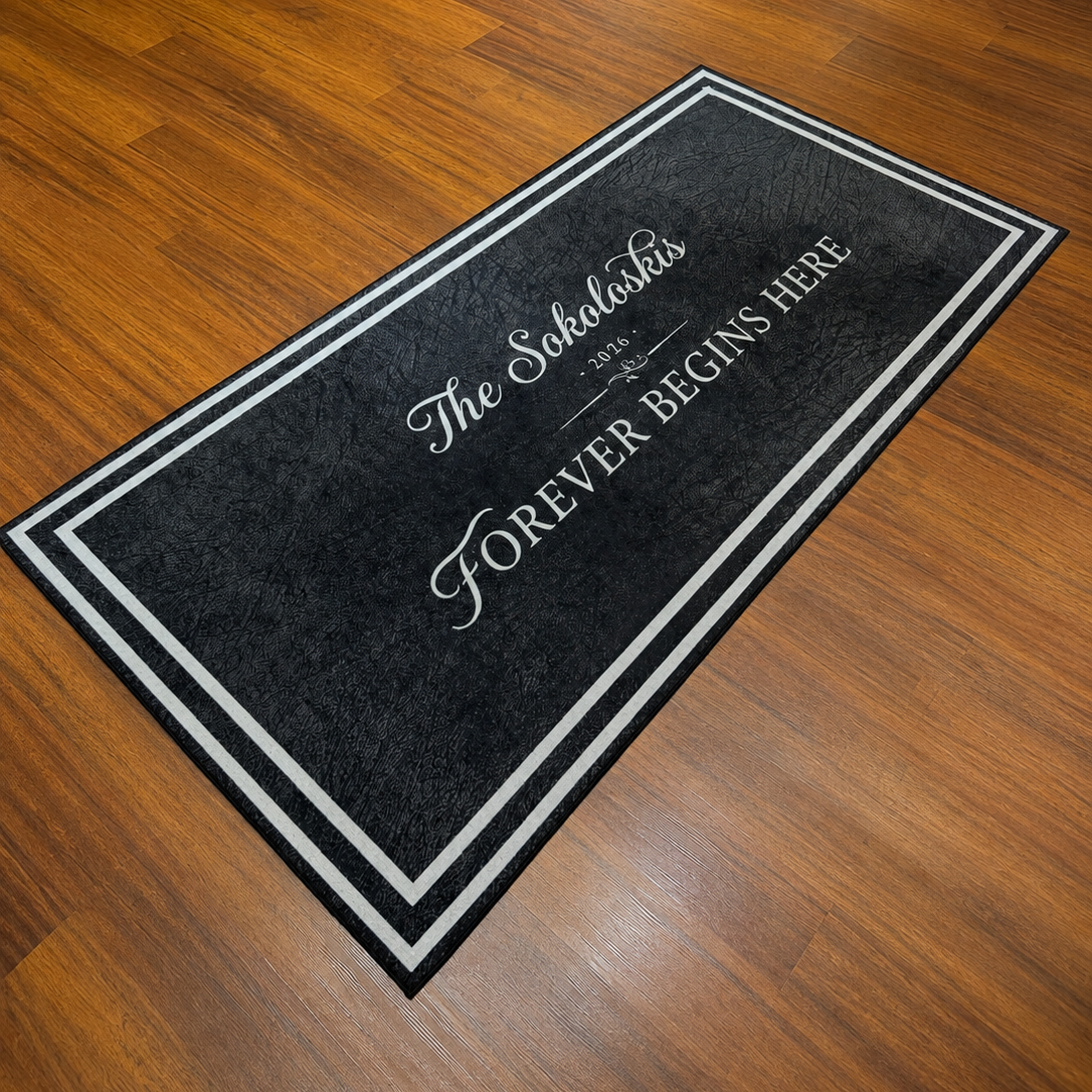 Bordered logo floor rug for commercial space