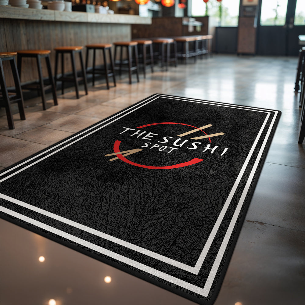 Personalized business floor rug with bordered design