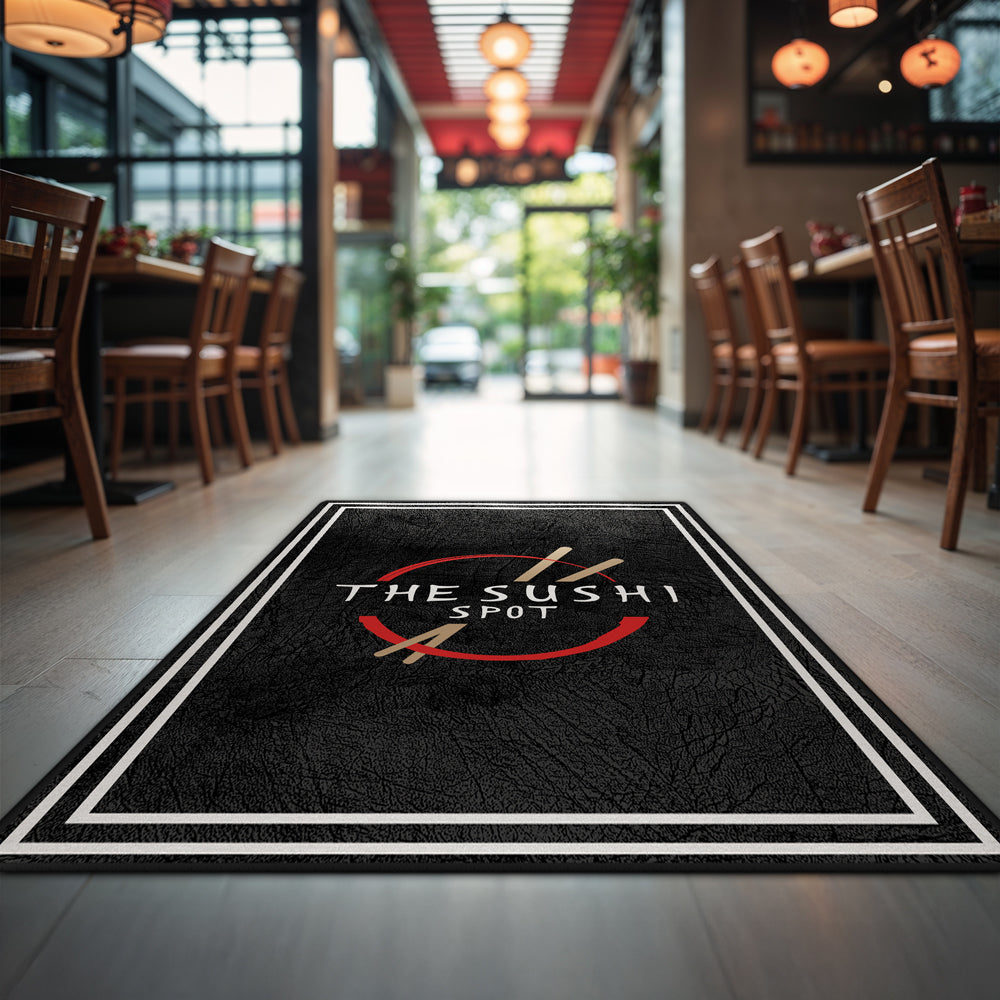 Custom welcome rug with company logo and border
