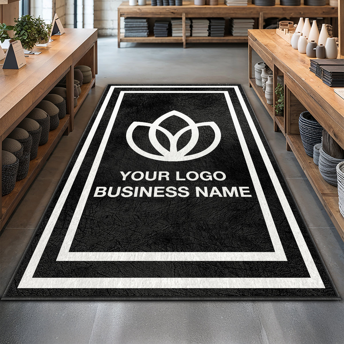 Bordered custom logo rug for business entrance