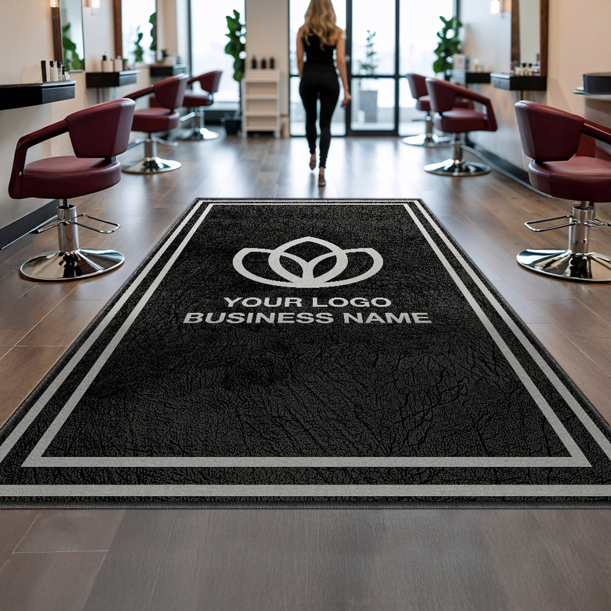 Washable bordered logo rug for stores and offices
