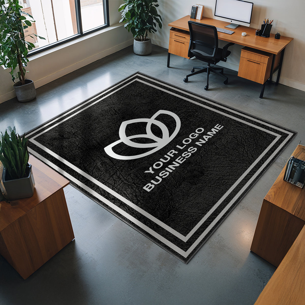 Bordered logo floor rug for commercial space