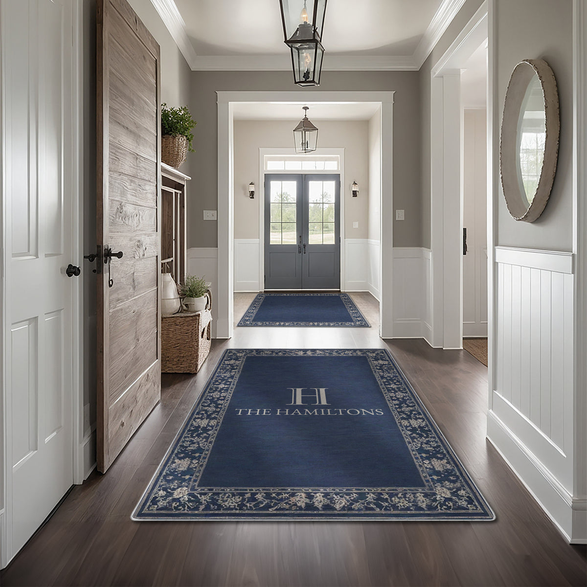 Low-pile washable rug for front door -Navy Floral Rug
