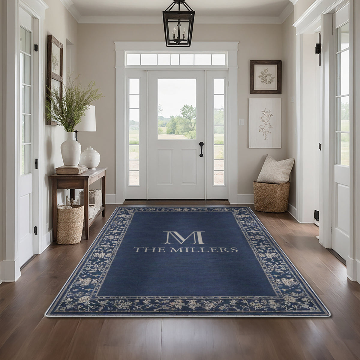 Non-slip personalized rug for front door - Navy Floral Rug