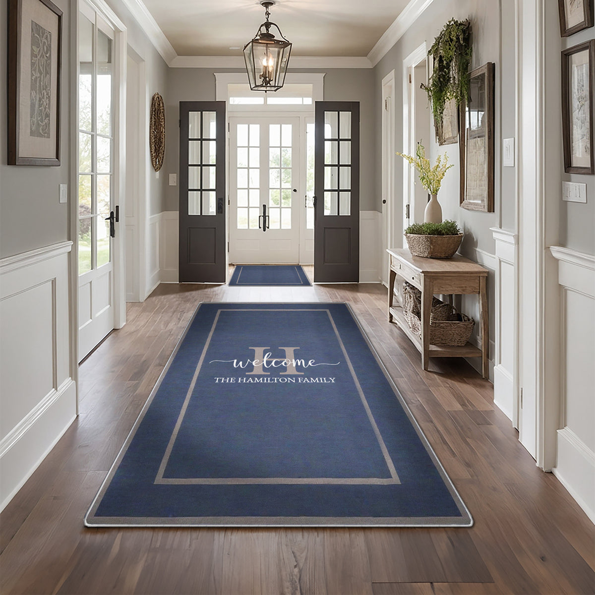 Custom welcome rug for entryway - Antique Navy Rug