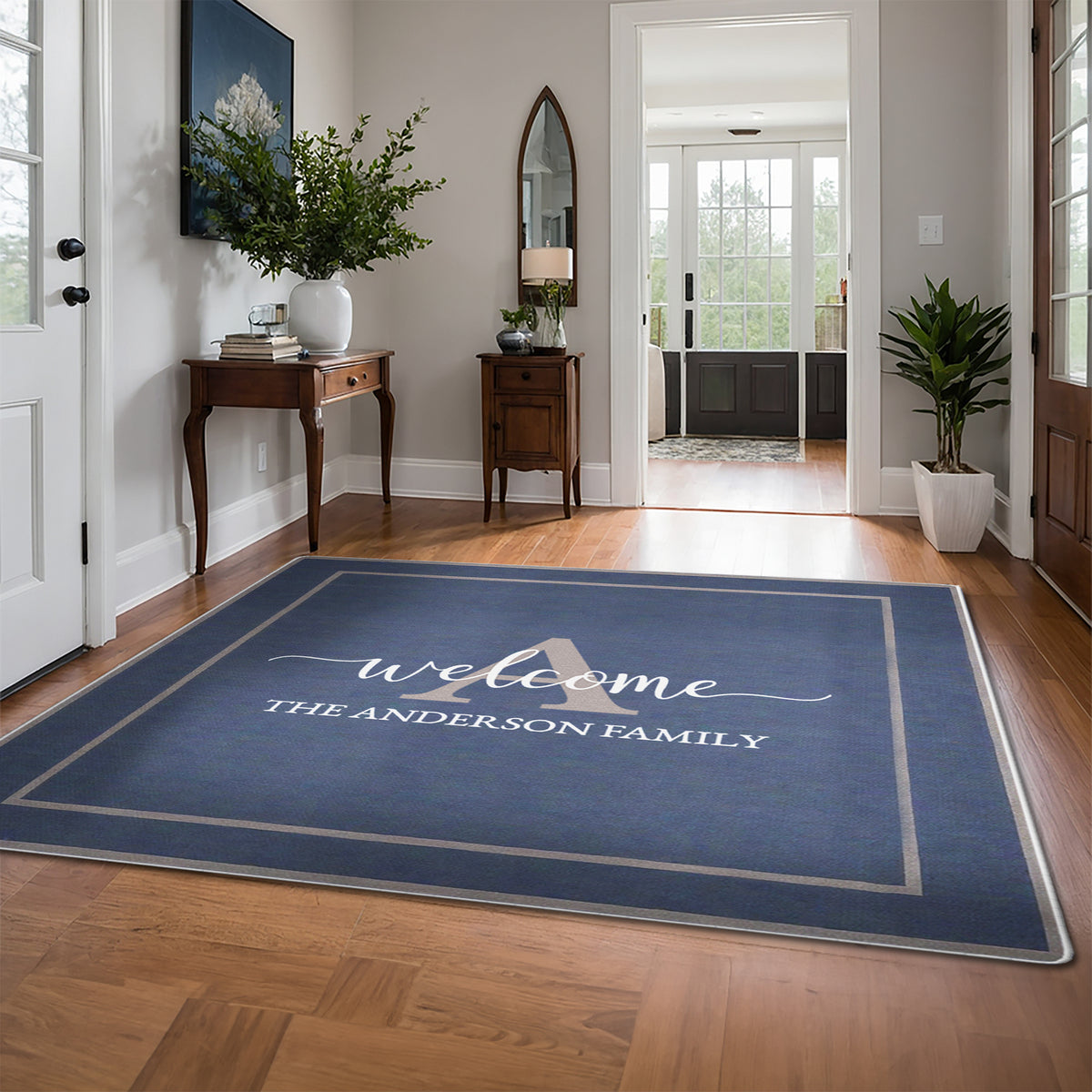 Personalized foyer rug with family name - Antique Navy Rug