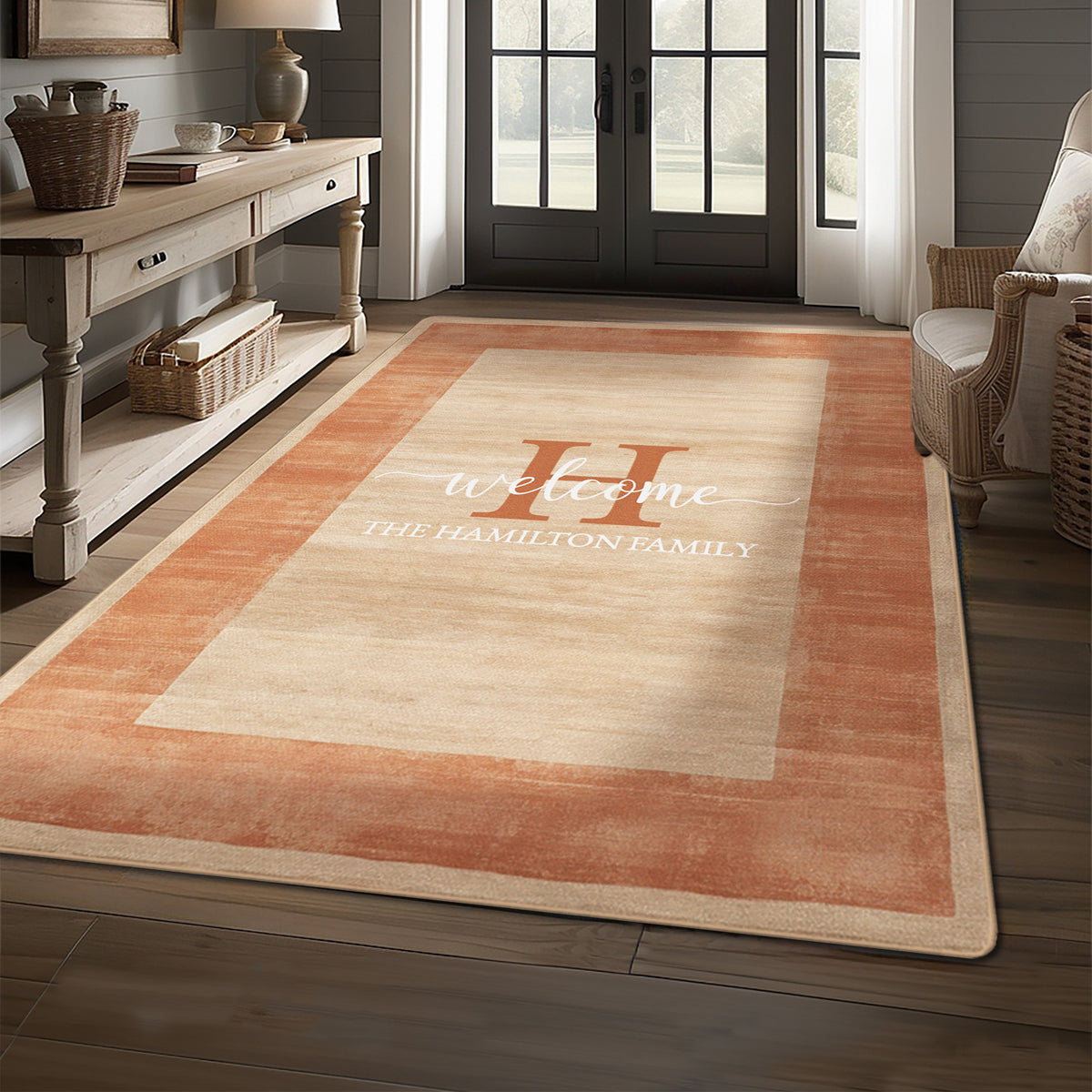 Personalized foyer rug with family name - Terracotta Beige Rug
